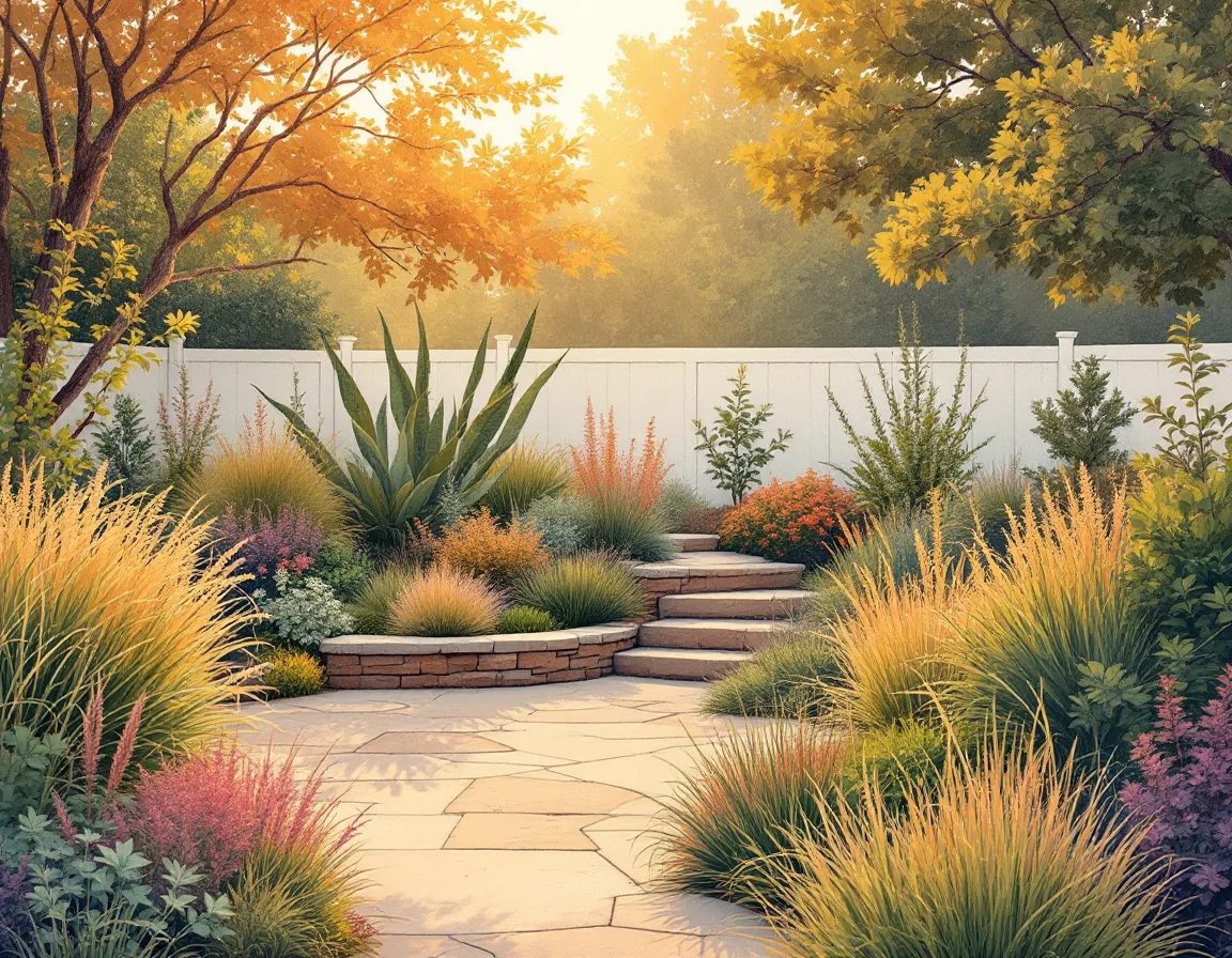Painterly illustration of a finished Groundwell backyard with stone patio and layered plantings